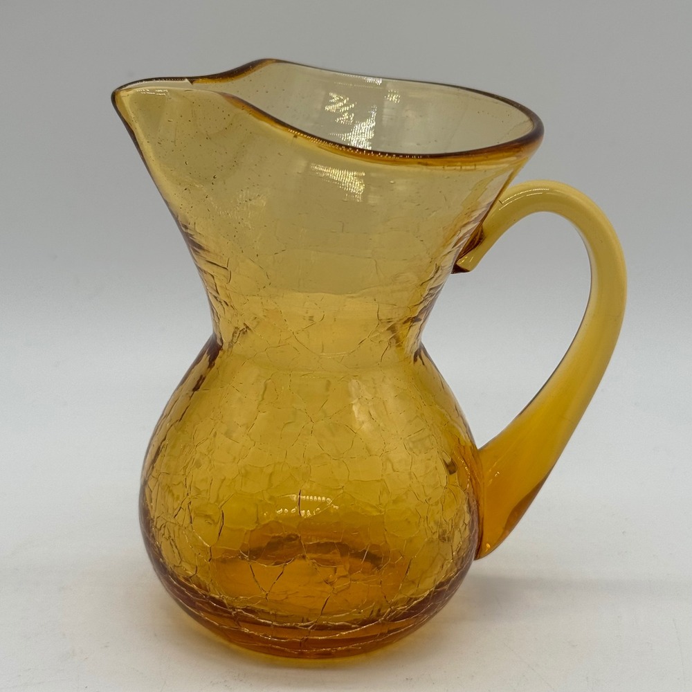Vintage Mid Century Amber Crackle Glass Mini Pitcher Blown Applied Handle Pontil